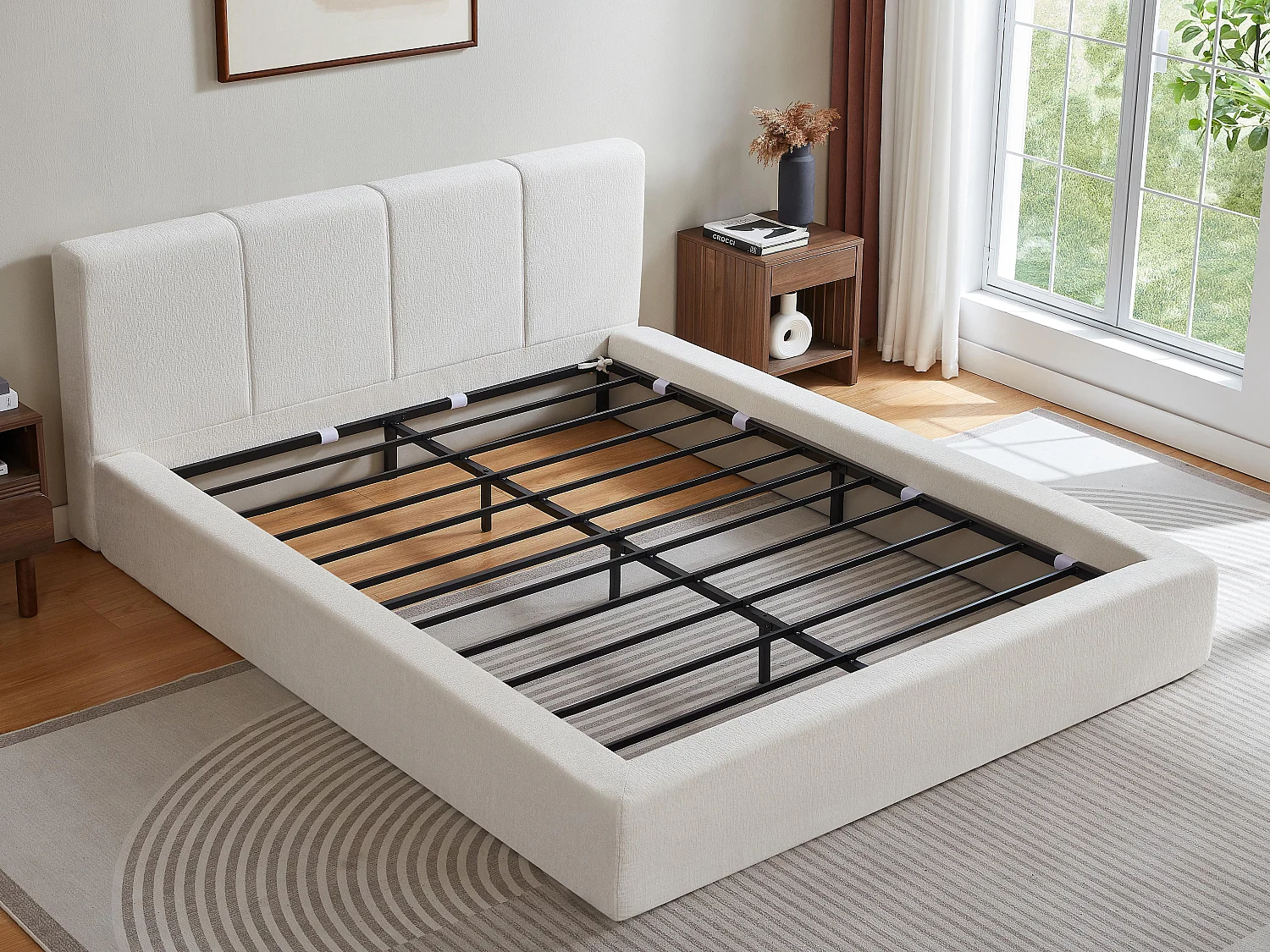 Gestoffeerd Bed ÉPURE 160x200cm - Tweepersoonsbed met Minimalistisch Ontwerp en Stevige Structuur, Eenvoudige Montage, Beige / Bruin