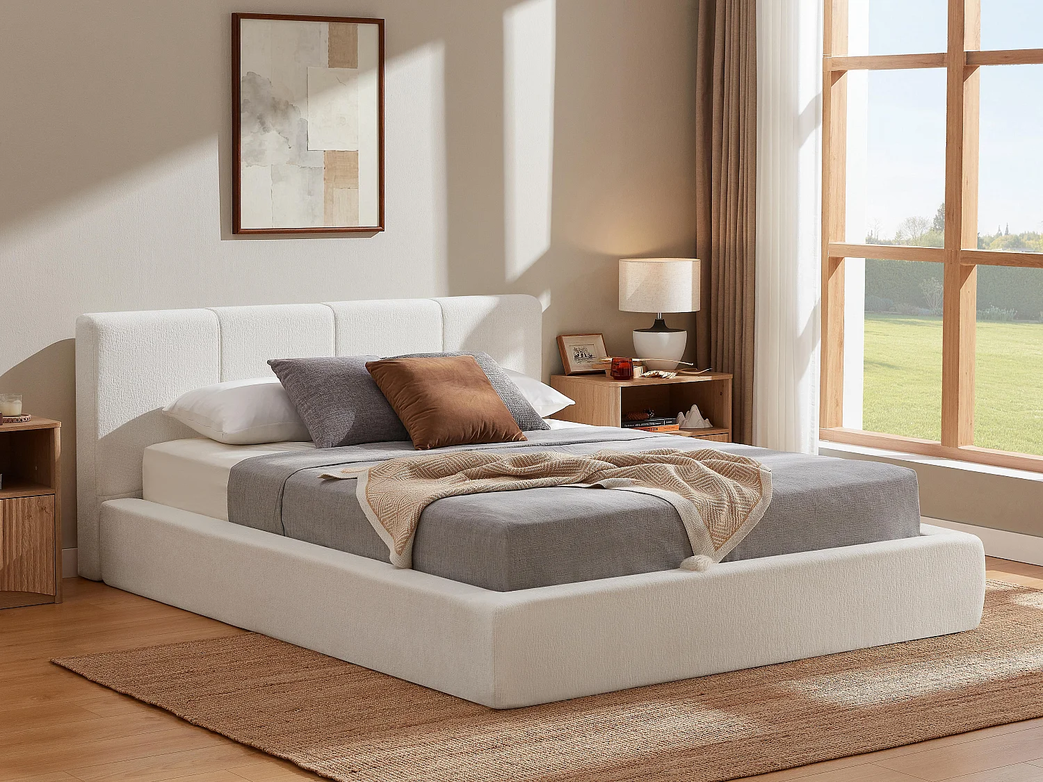 Gestoffeerd Bed ÉPURE 160x200cm - Tweepersoonsbed met Minimalistisch Ontwerp en Stevige Structuur, Eenvoudige Montage, Beige / Bruin