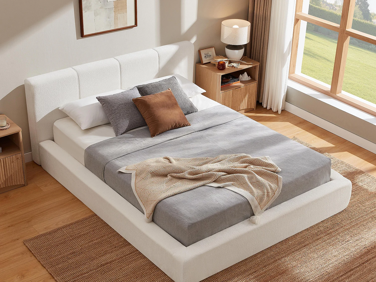 Gestoffeerd Bed ÉPURE 160x200cm - Tweepersoonsbed met Minimalistisch Ontwerp en Stevige Structuur, Eenvoudige Montage, Beige / Bruin