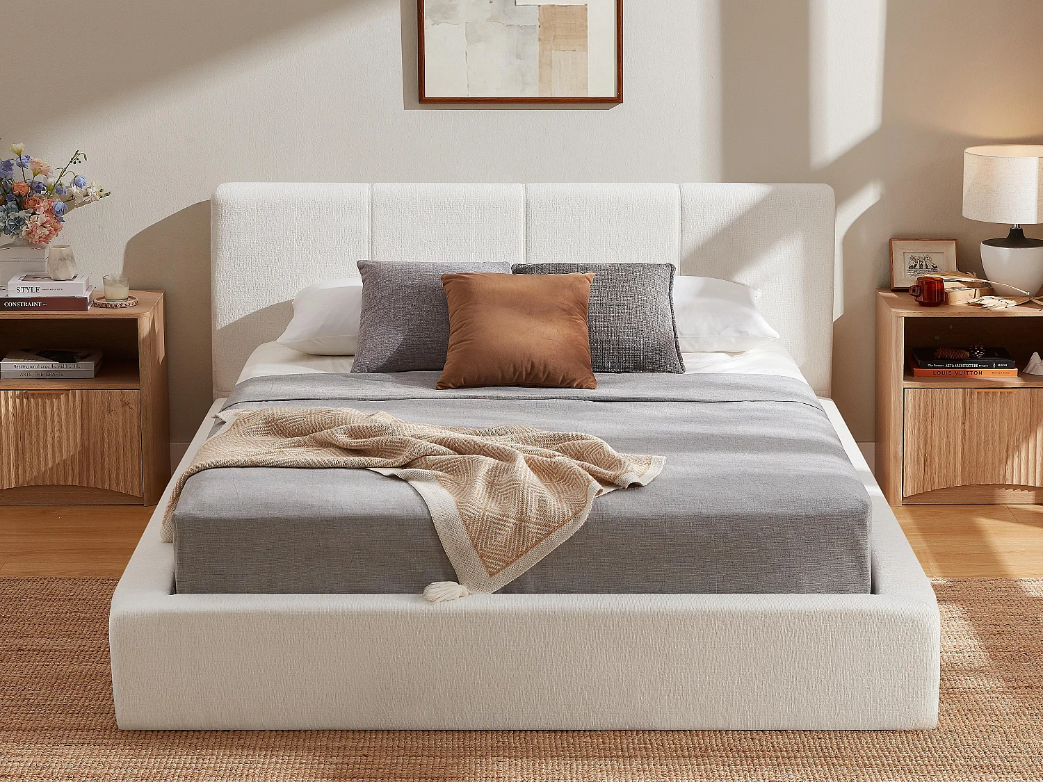 Gestoffeerd Bed ÉPURE 160x200cm - Tweepersoonsbed met Minimalistisch Ontwerp en Stevige Structuur, Eenvoudige Montage, Beige / Bruin