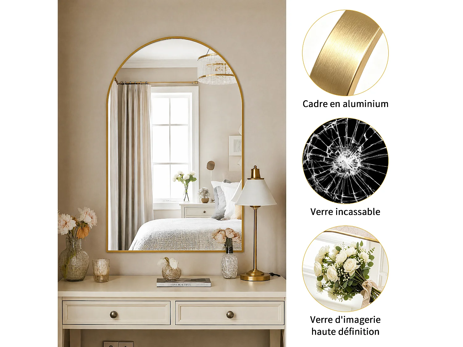 Miroir Mural Chambre Décoratif Doré - Verre Nano-Renforcé HD Incassable et Cadre Aluminium - Accroche Facile - 91x61cm