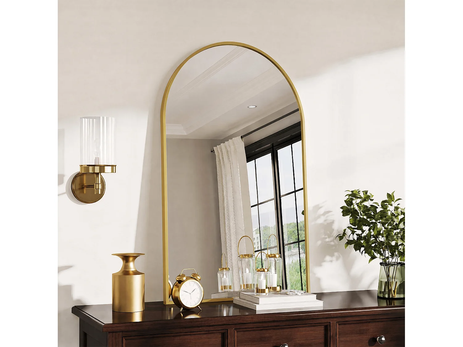 Miroir Mural Chambre Décoratif Doré - Verre Nano-Renforcé HD Incassable et Cadre Aluminium - Accroche Facile - 91x61cm