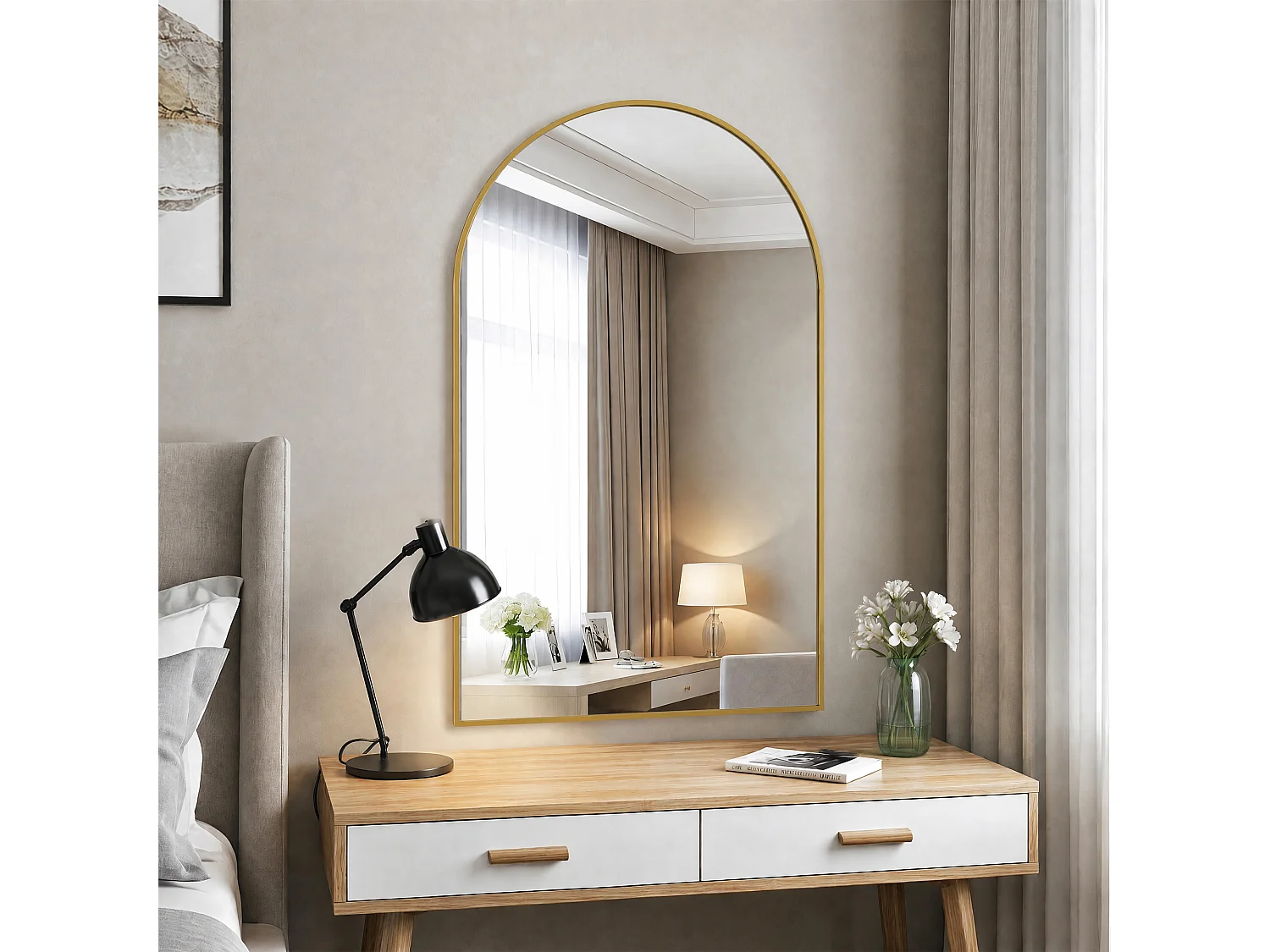 Miroir Mural Chambre Décoratif Doré - Verre Nano-Renforcé HD Incassable et Cadre Aluminium - Accroche Facile - 91x61cm