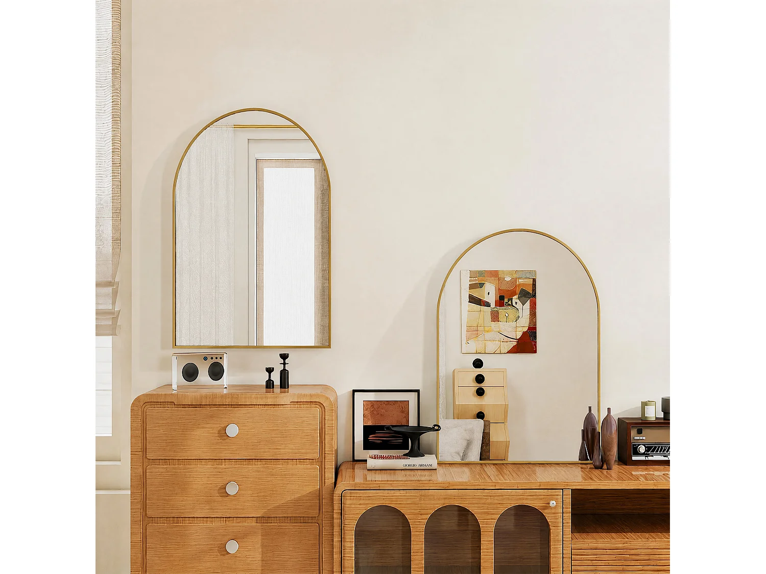 Miroir Mural Chambre Décoratif Doré - Verre Nano-Renforcé HD Incassable et Cadre Aluminium - Accroche Facile - 91x61cm