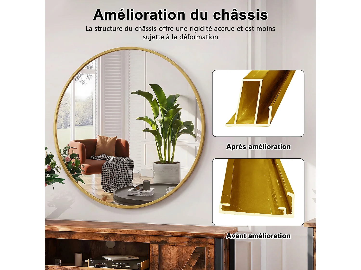 Miroir Mural Chambre Doré - Grand Miroir Mural Rond 75cm - Verre HD Sans Distorsion - Cadre Renforcé - Accrochage Facile