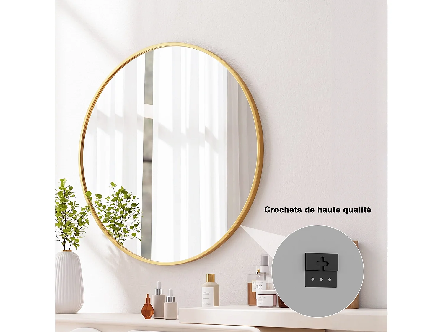 Miroir Mural Chambre Doré - Grand Miroir Mural Rond 75cm - Verre HD Sans Distorsion - Cadre Renforcé - Accrochage Facile