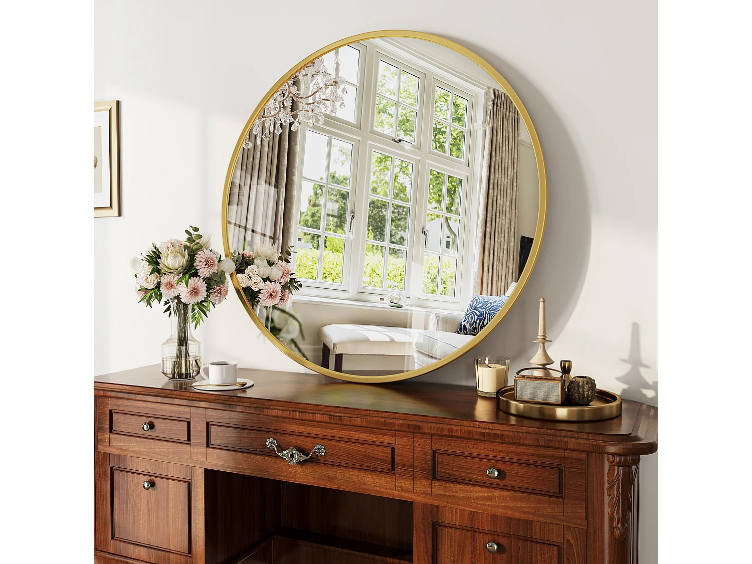 Miroir Mural Chambre Doré - Grand Miroir Mural Rond 75cm - Verre HD Sans Distorsion - Cadre Renforcé - Accrochage Facile