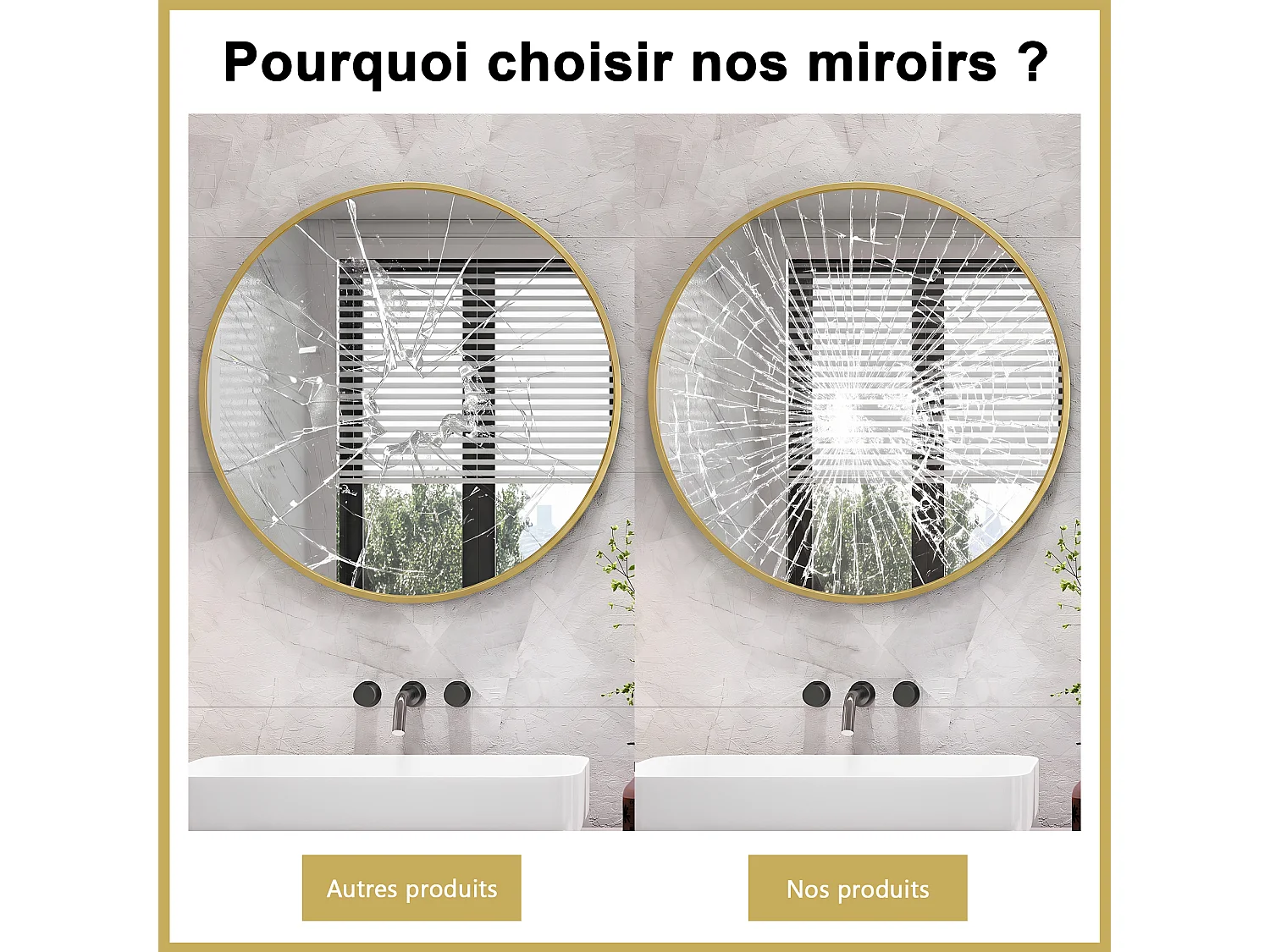 Miroir Mural Chambre Doré - Grand Miroir Mural Rond 75cm - Verre HD Sans Distorsion - Cadre Renforcé - Accrochage Facile