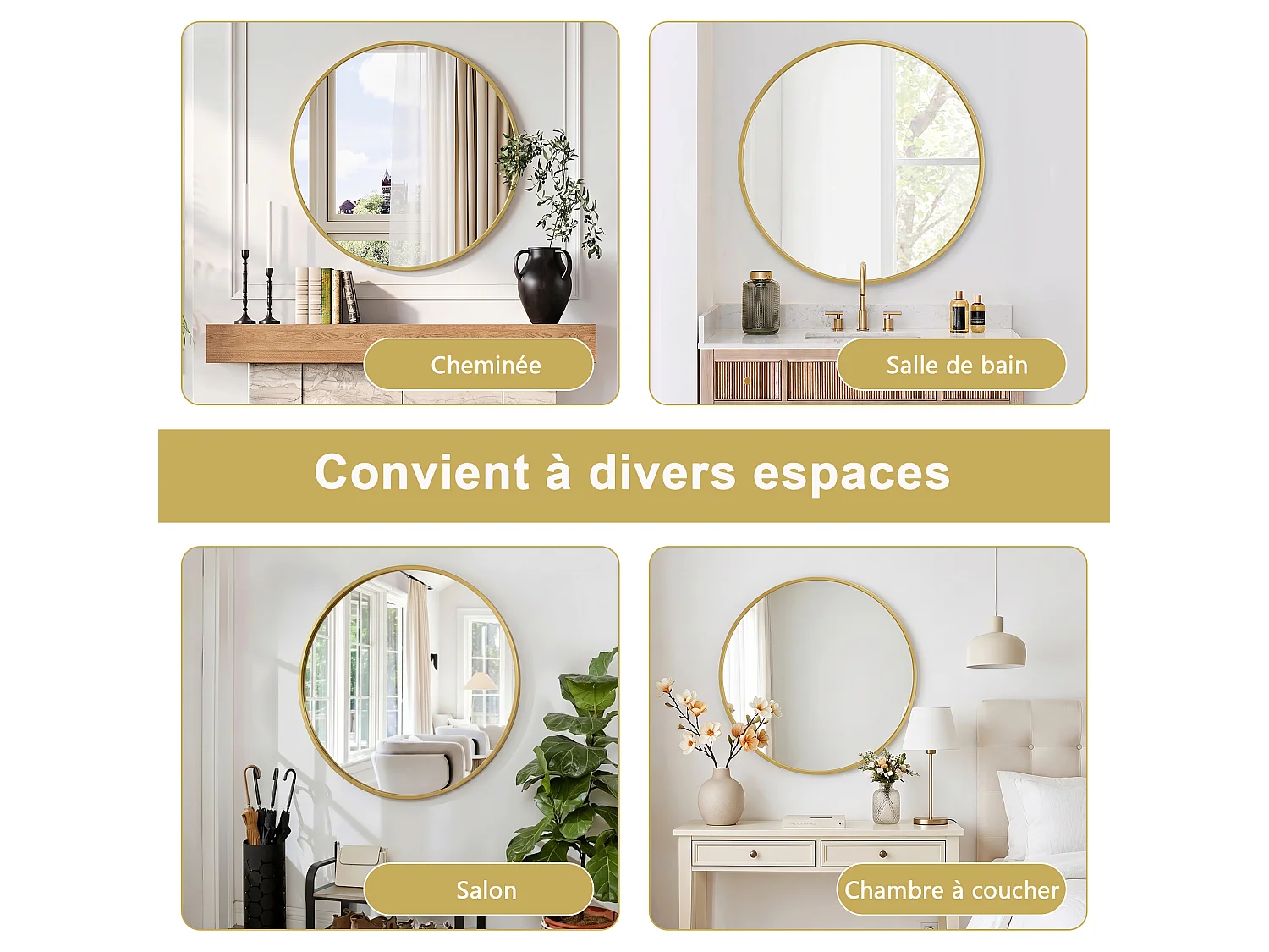 Miroir Mural Chambre Doré - Grand Miroir Mural Rond 75cm - Verre HD Sans Distorsion - Cadre Renforcé - Accrochage Facile
