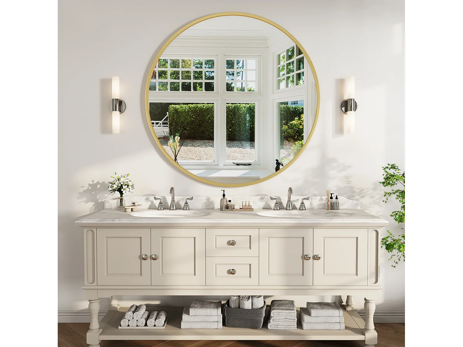 Miroir Mural Chambre Doré - Grand Miroir Mural Rond 75cm - Verre HD Sans Distorsion - Cadre Renforcé - Accrochage Facile