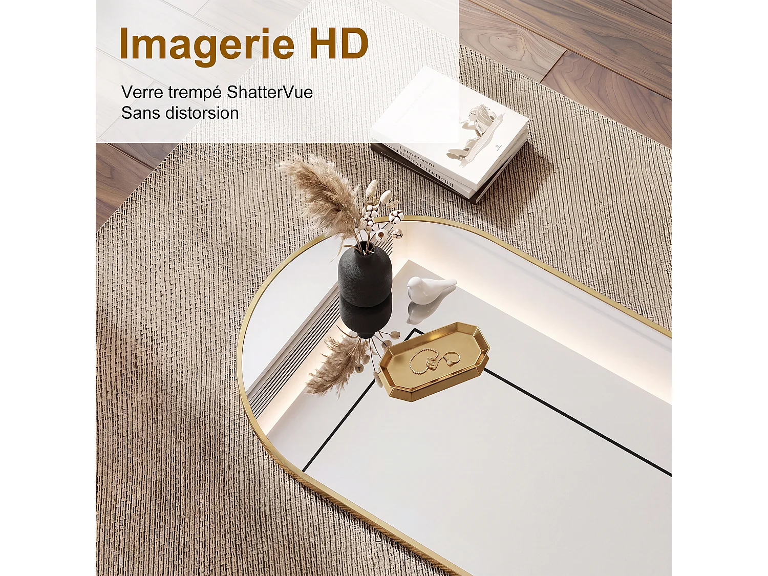 Miroir Mural Doré 75 x50cm - Miroir Mural Grand Format Ovale - Verre Trempé HD Incassable - Cadre Renforcé - Accrochage Facile