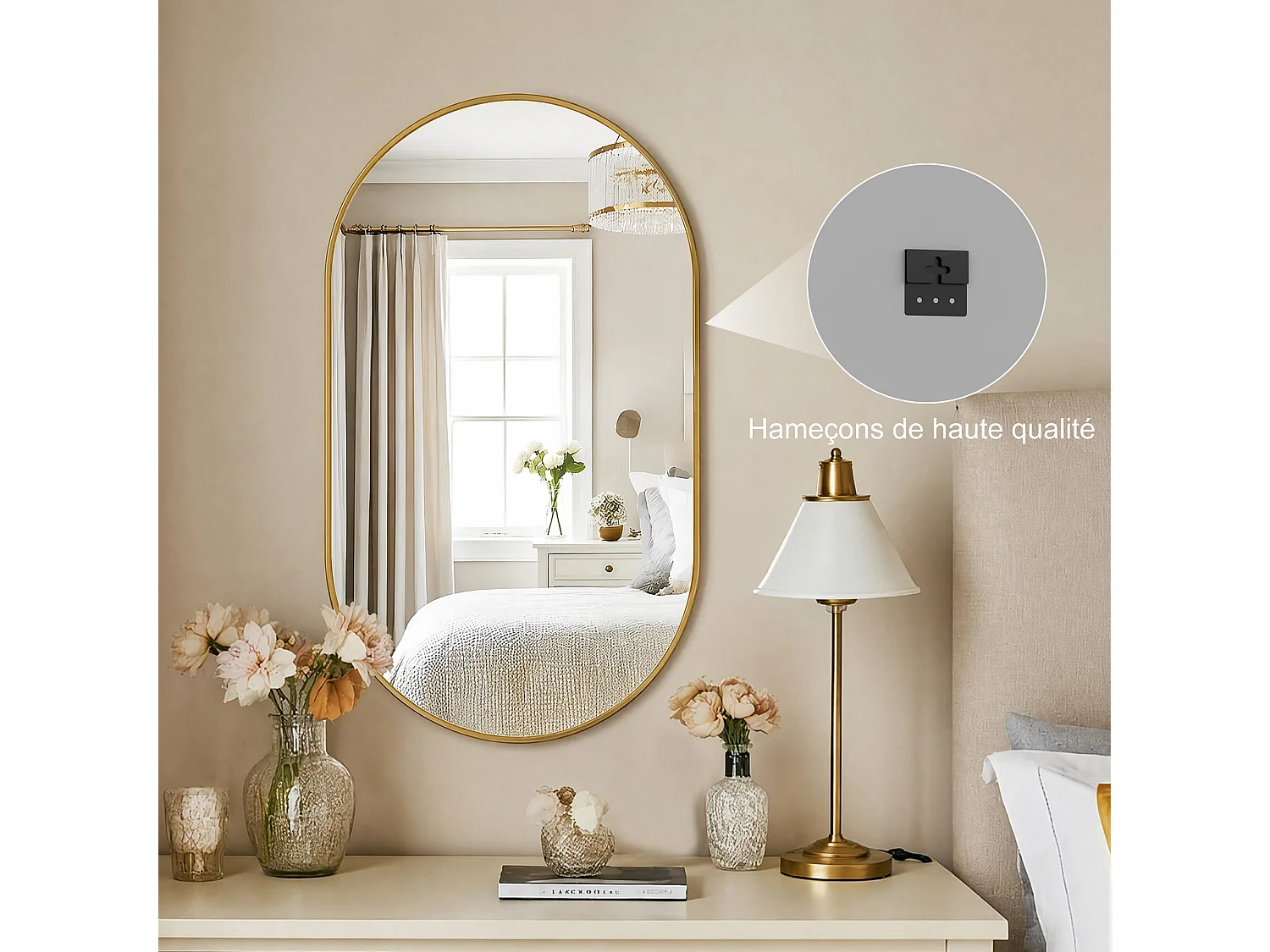 Miroir Mural Doré 75 x50cm - Miroir Mural Grand Format Ovale - Verre Trempé HD Incassable - Cadre Renforcé - Accrochage Facile