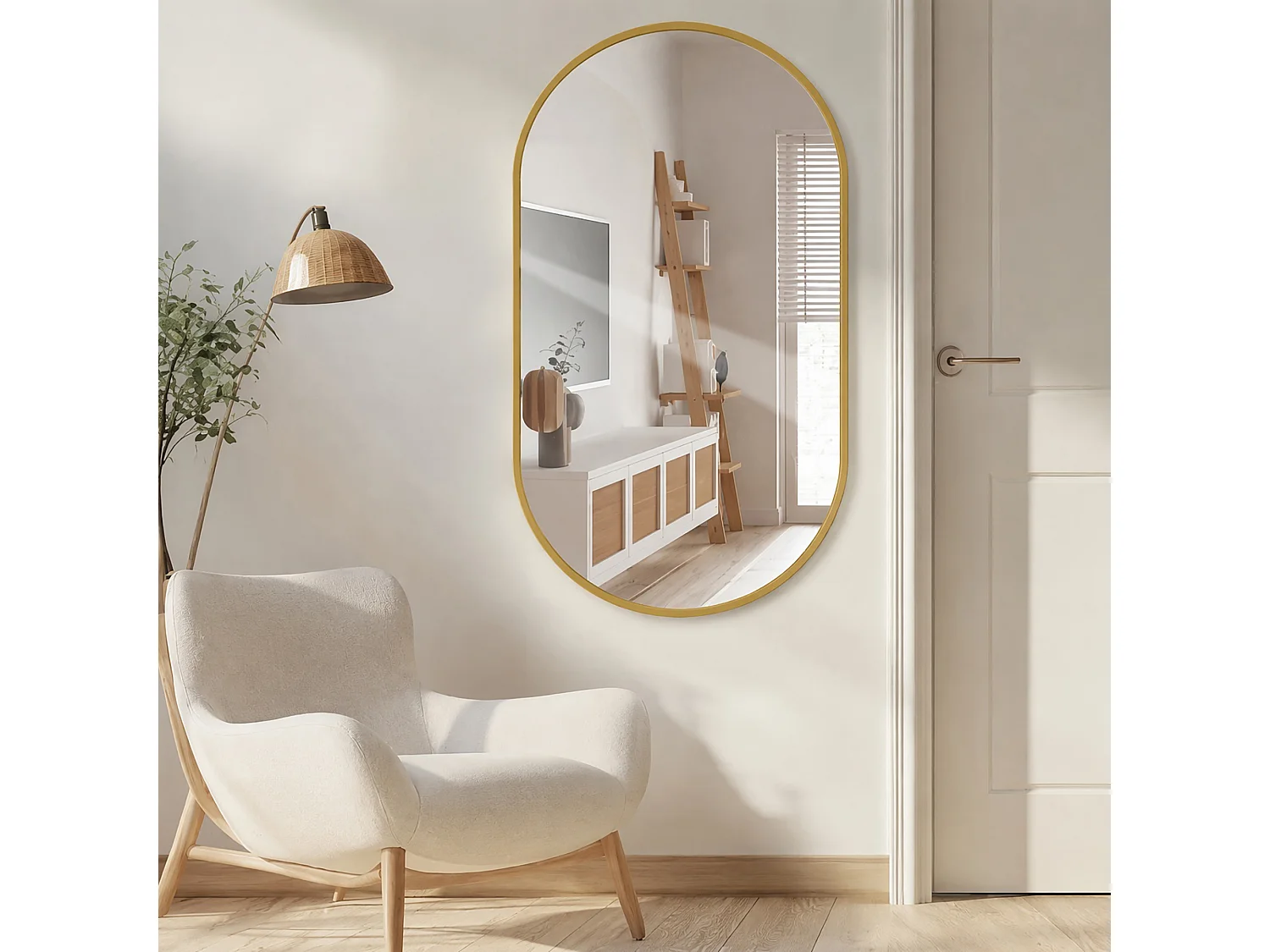Miroir Mural Doré 75 x50cm - Miroir Mural Grand Format Ovale - Verre Trempé HD Incassable - Cadre Renforcé - Accrochage Facile