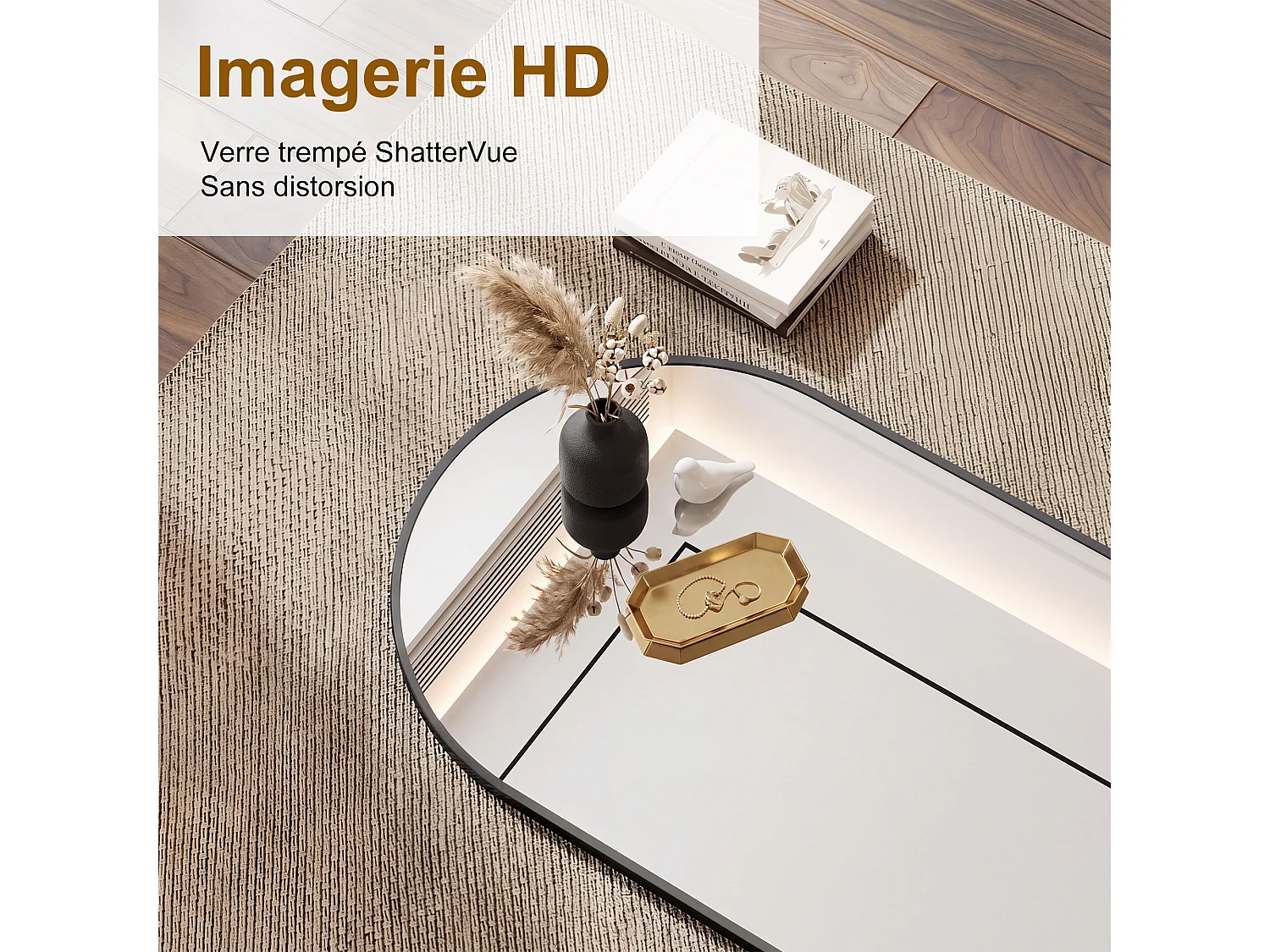 Miroir Mural Noir 75x50cm - Miroir Mural Grand Format Ovale - Verre Trempé HD Incassable - Cadre Renforcé - Accrochage Facile
