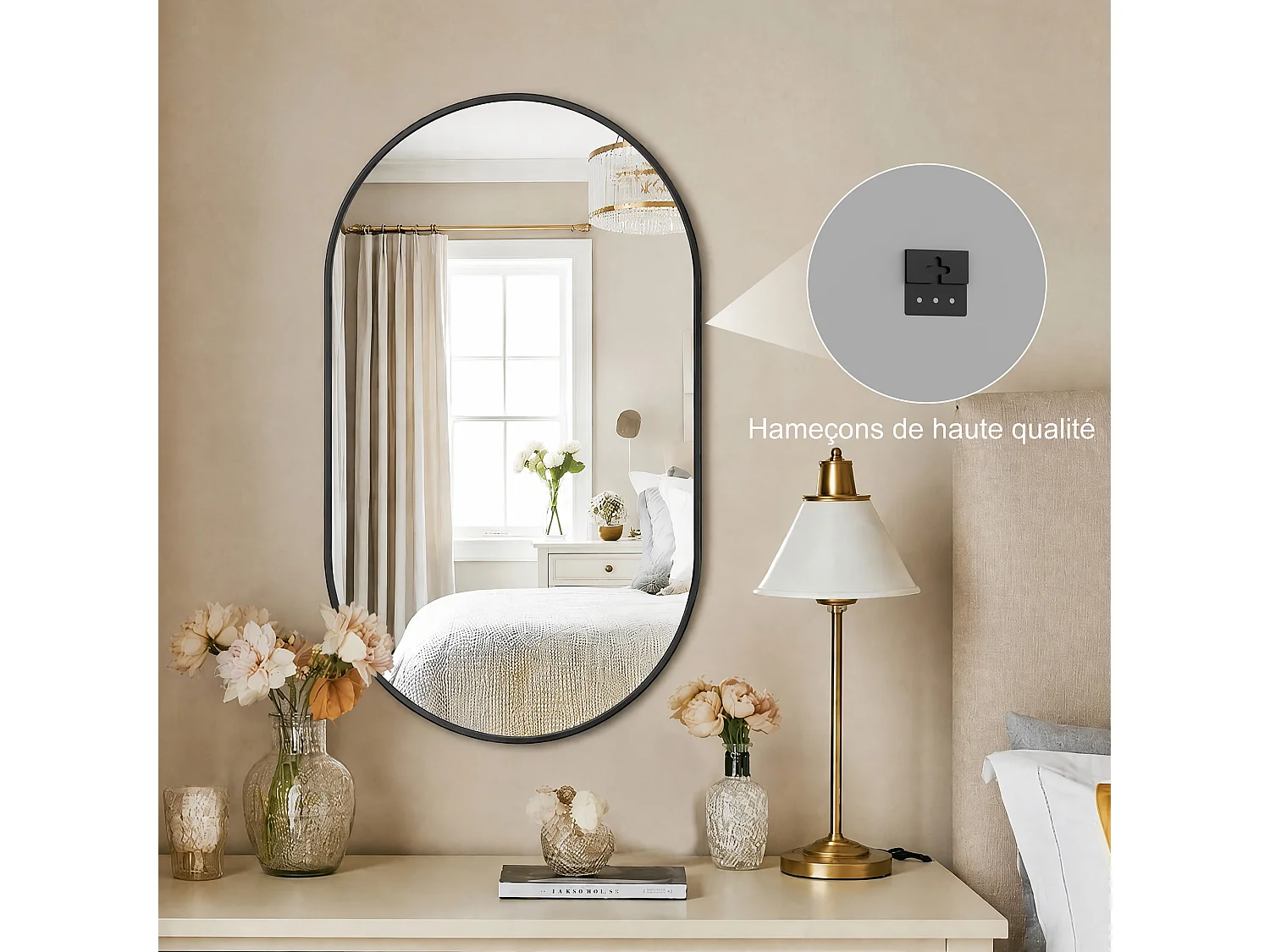 Miroir Mural Noir 75x50cm - Miroir Mural Grand Format Ovale - Verre Trempé HD Incassable - Cadre Renforcé - Accrochage Facile