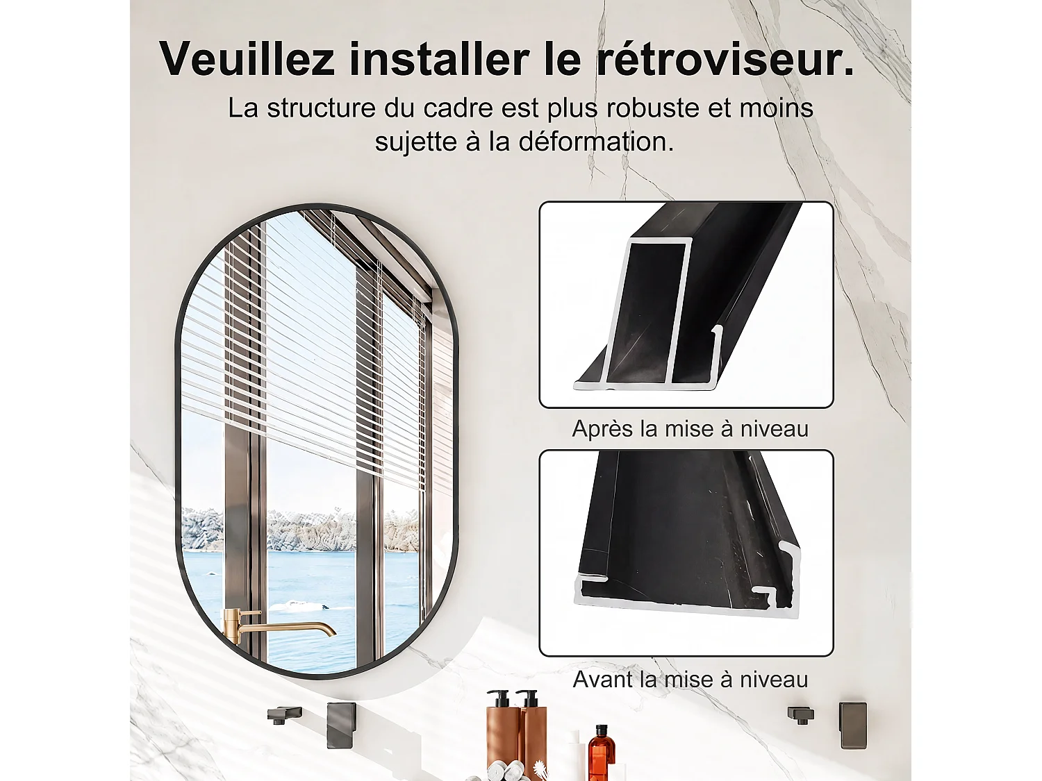 Miroir Mural Noir 75x50cm - Miroir Mural Grand Format Ovale - Verre Trempé HD Incassable - Cadre Renforcé - Accrochage Facile