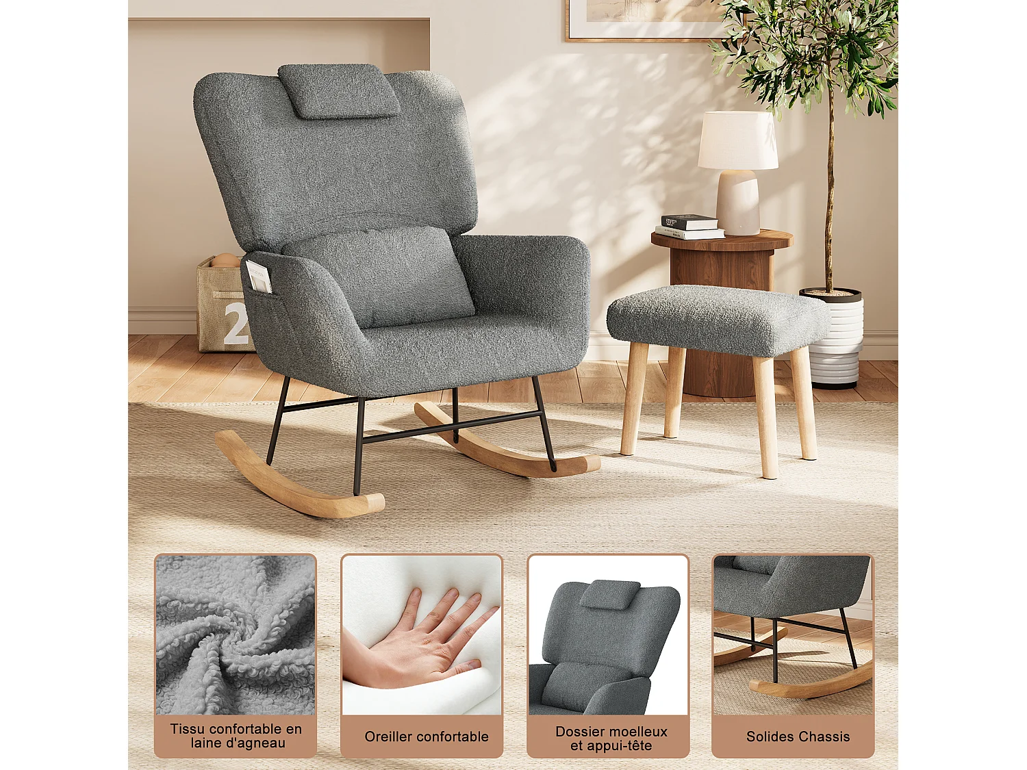 Fauteuil a Bascule - Fauteuil Relax avec Repose-pieds et Coussin Lombaire - Tissu Laine d'Agneau - Support 150kg - Gris