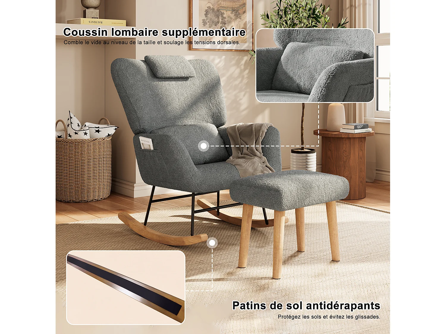 Fauteuil a Bascule - Fauteuil Relax avec Repose-pieds et Coussin Lombaire - Tissu Laine d'Agneau - Support 150kg - Gris