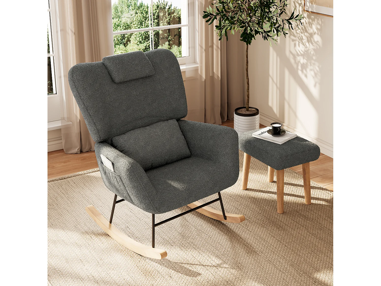 Fauteuil a Bascule - Fauteuil Relax avec Repose-pieds et Coussin Lombaire - Tissu Laine d'Agneau - Support 150kg - Gris