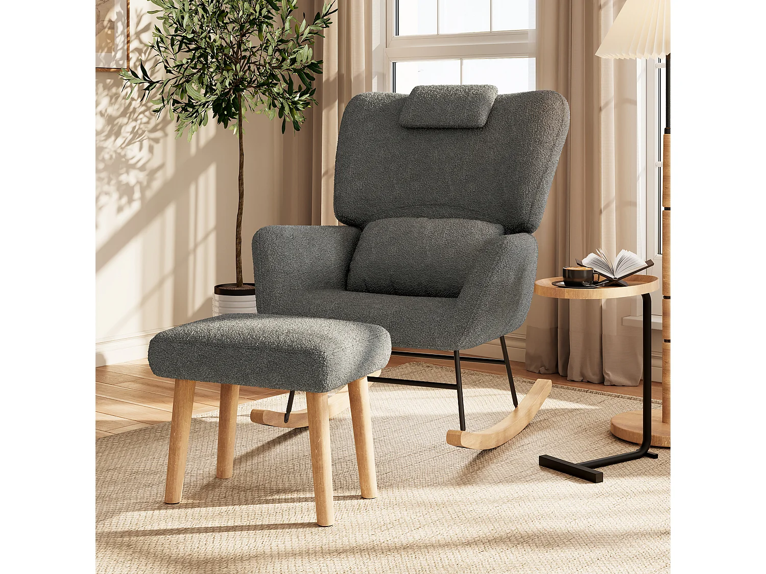 Fauteuil a Bascule - Fauteuil Relax avec Repose-pieds et Coussin Lombaire - Tissu Laine d'Agneau - Support 150kg - Gris