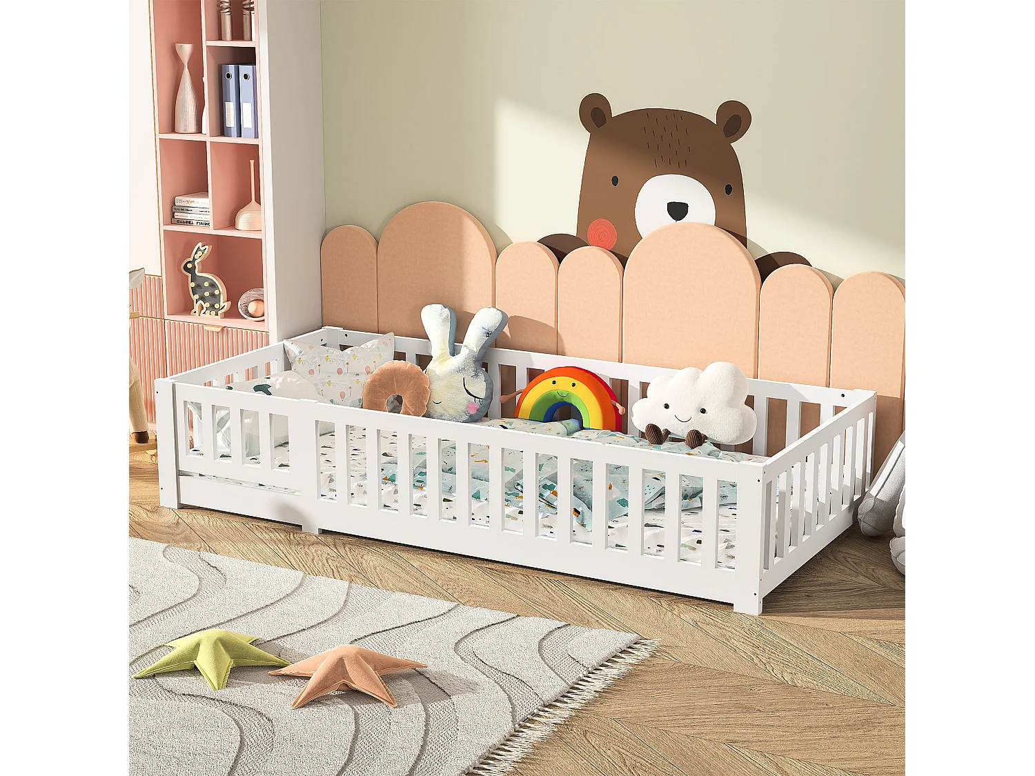 Lit cabane enfant 90x200 cm - avec barrière de sécurité et sommier à lattes - Blanc