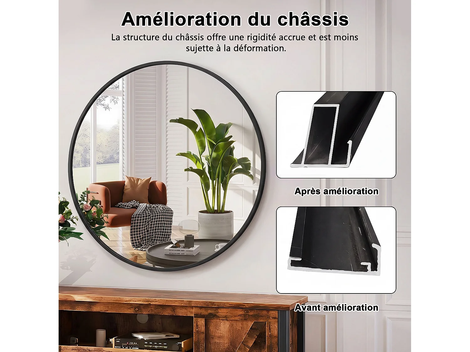 Miroir Mural Chambre Noir - Grand Miroir Mural Rond 75cm - Verre HD Sans Distorsion - Cadre Renforcé - Accrochage Facile
