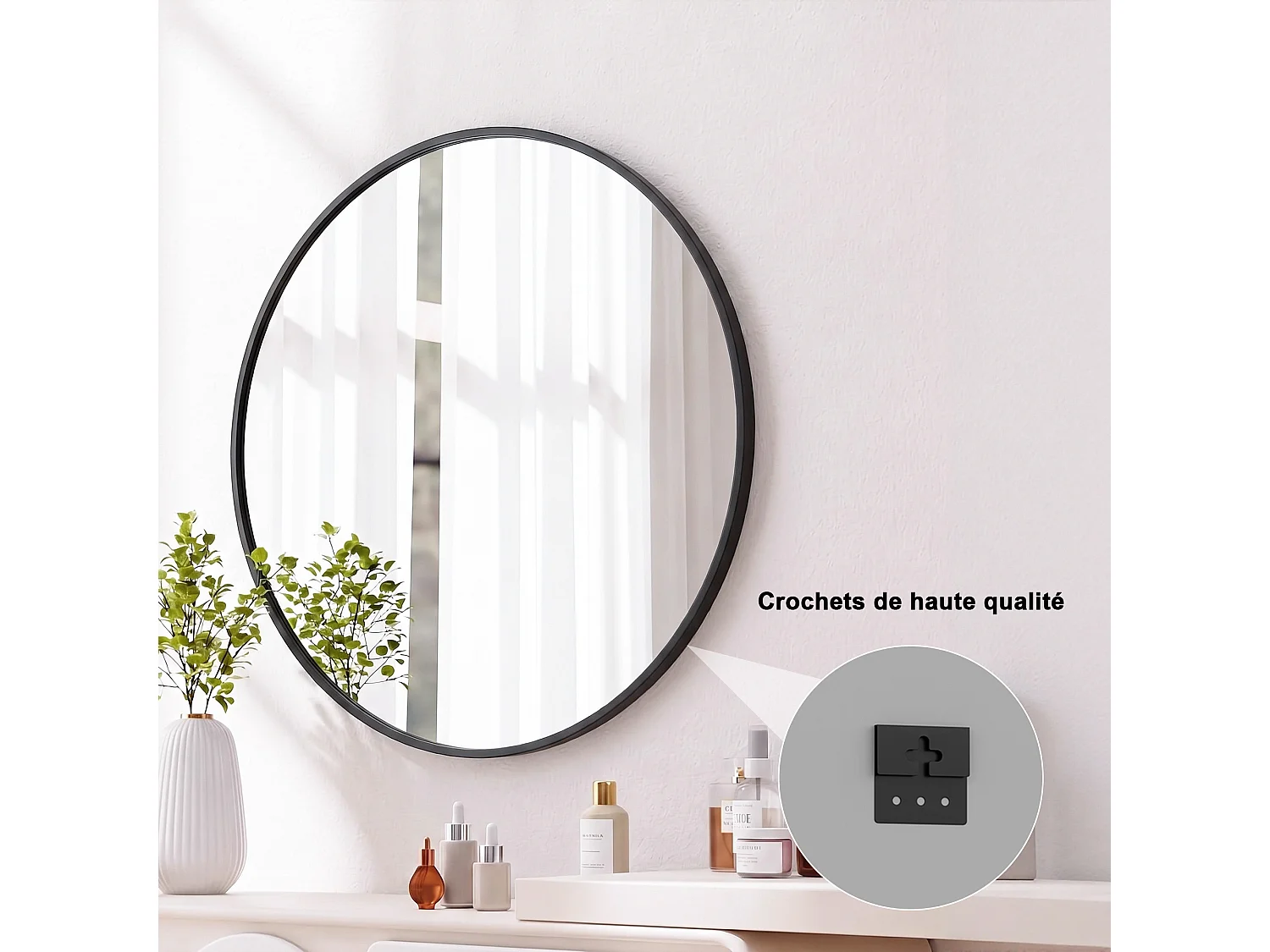 Miroir Mural Chambre Noir - Grand Miroir Mural Rond 75cm - Verre HD Sans Distorsion - Cadre Renforcé - Accrochage Facile