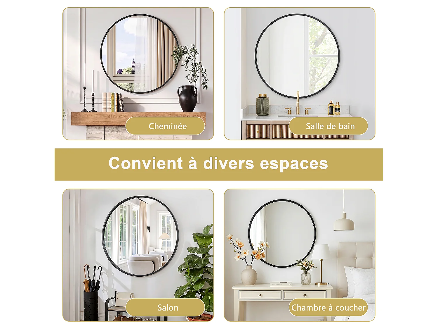 Miroir Mural Chambre Noir - Grand Miroir Mural Rond 75cm - Verre HD Sans Distorsion - Cadre Renforcé - Accrochage Facile