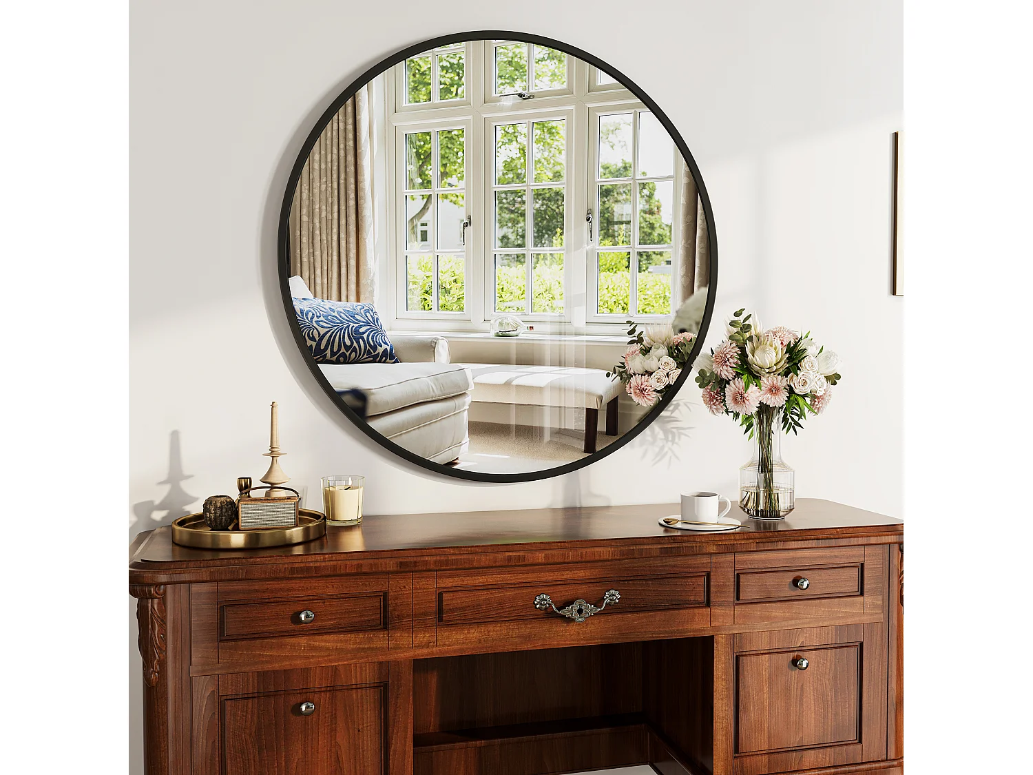 Miroir Mural Chambre Noir - Grand Miroir Mural Rond 75cm - Verre HD Sans Distorsion - Cadre Renforcé - Accrochage Facile