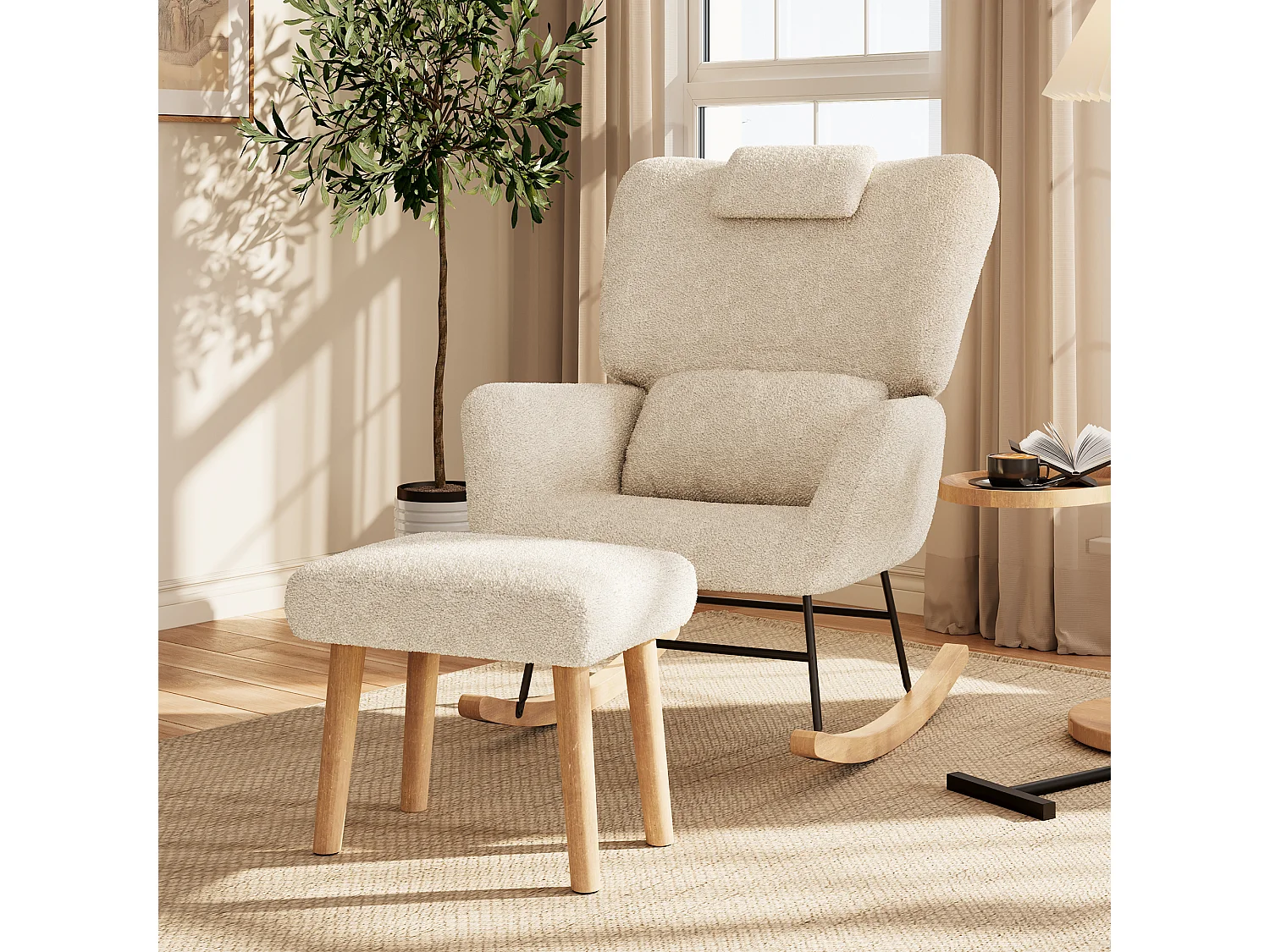 Fauteuil a Bascule - Fauteuil Relax avec Repose-pieds et Coussin Lombaire - Tissu Laine d'Agneau - Support 150kg - Beige