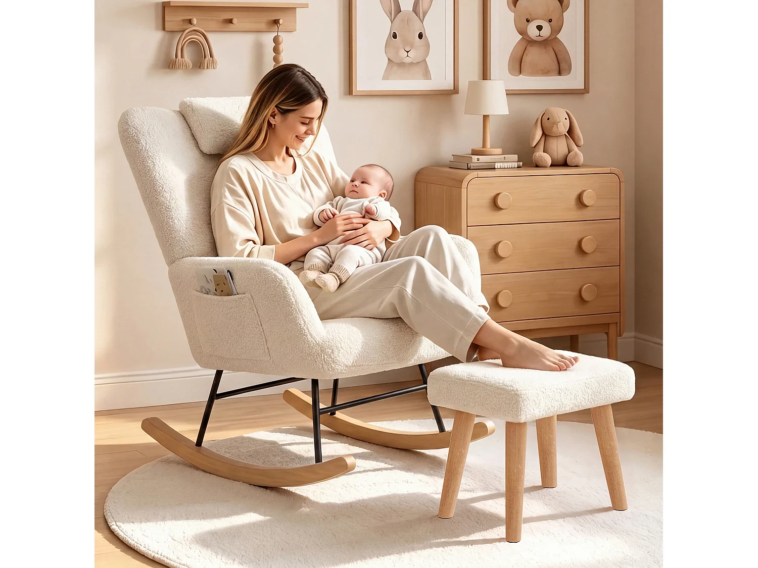 Fauteuil a Bascule - Fauteuil Relax avec Repose-pieds et Coussin Lombaire - Tissu Laine d'Agneau - Support 150kg - Beige