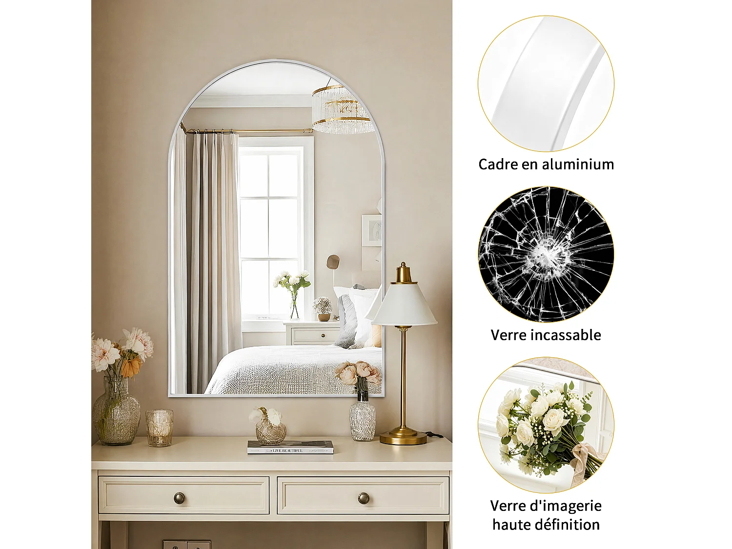 Miroir Mural Chambre Décoratif - Verre Nano-Renforcé HD Incassable et Cadre Aluminium - Accroche Facile - 91x61cm - Blanc
