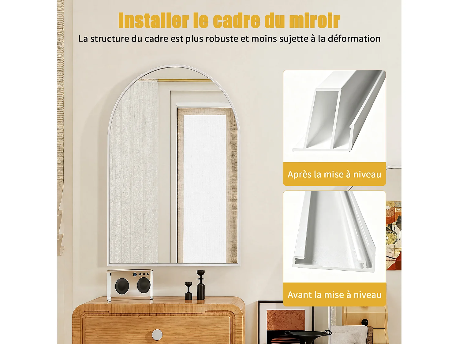 Miroir Mural Chambre Décoratif - Verre Nano-Renforcé HD Incassable et Cadre Aluminium - Accroche Facile - 91x61cm - Blanc