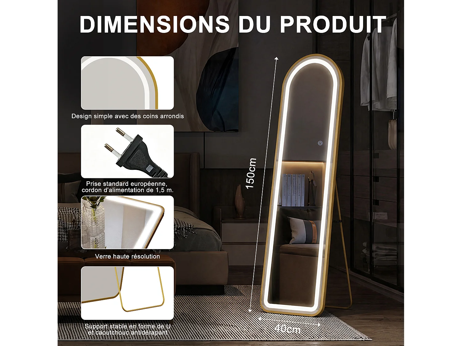 Miroir sur Pied Doré 150x40cm - Éclairage LED- Verre HD Incassable - Miroir Arqué sur Pied à Poser au Sol pour Chambre Salon