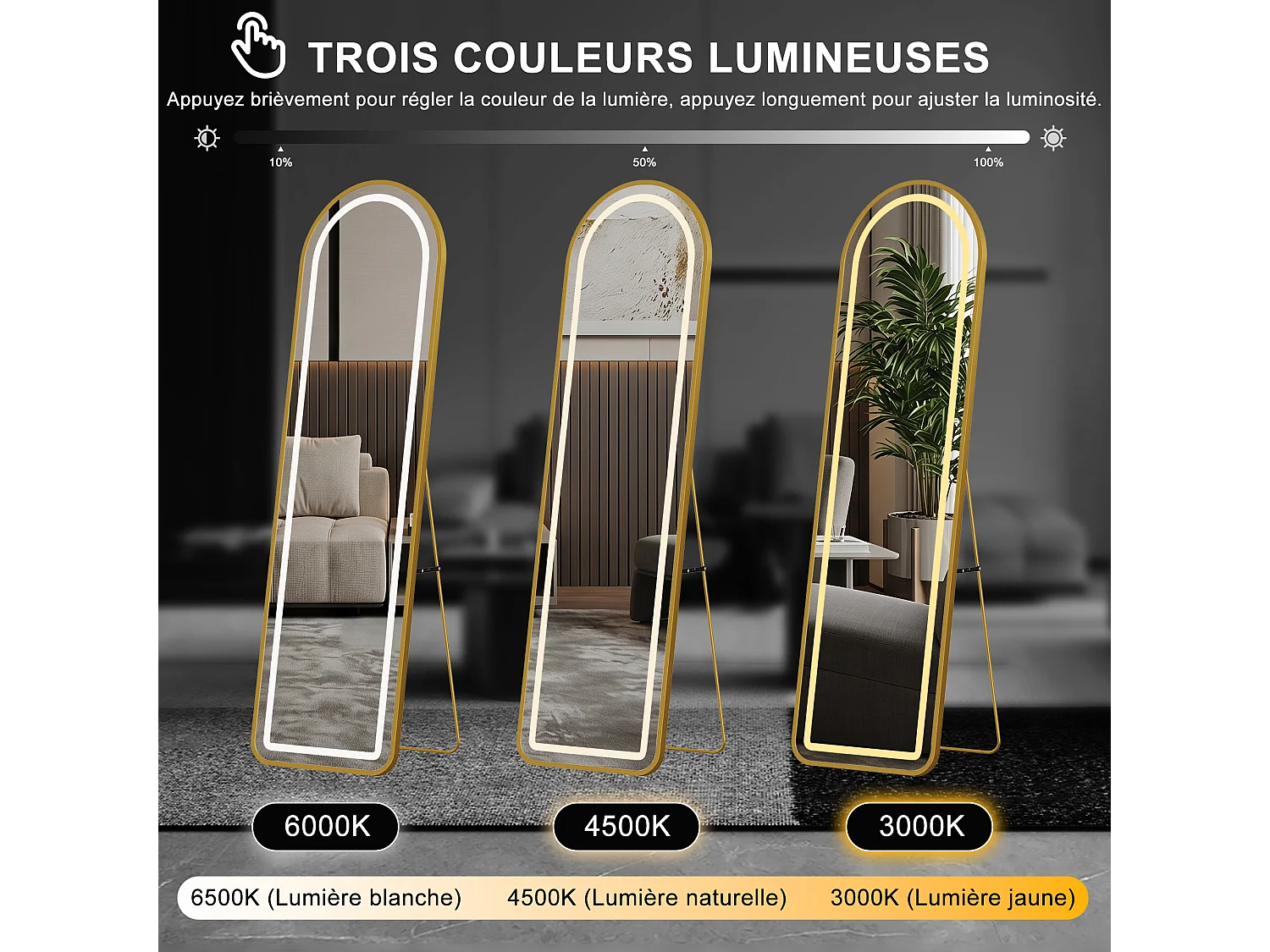 Miroir sur Pied Doré 150x40cm - Éclairage LED- Verre HD Incassable - Miroir Arqué sur Pied à Poser au Sol pour Chambre Salon