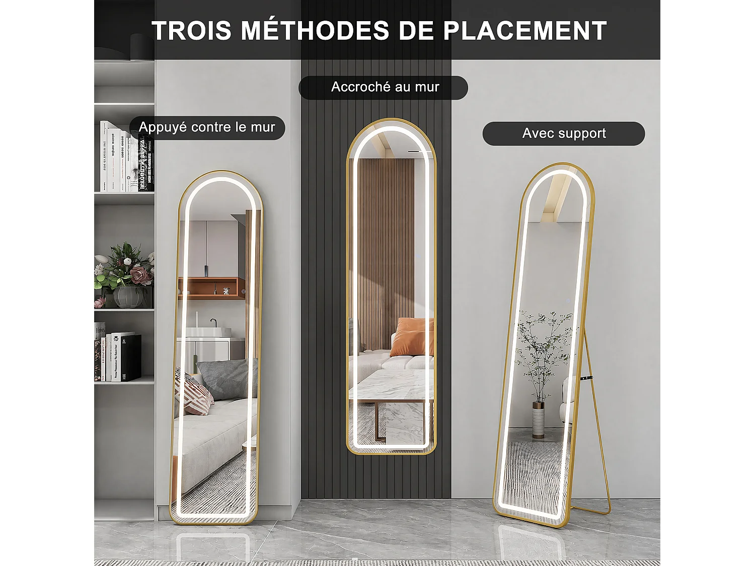 Miroir sur Pied Doré 150x40cm - Éclairage LED- Verre HD Incassable - Miroir Arqué sur Pied à Poser au Sol pour Chambre Salon