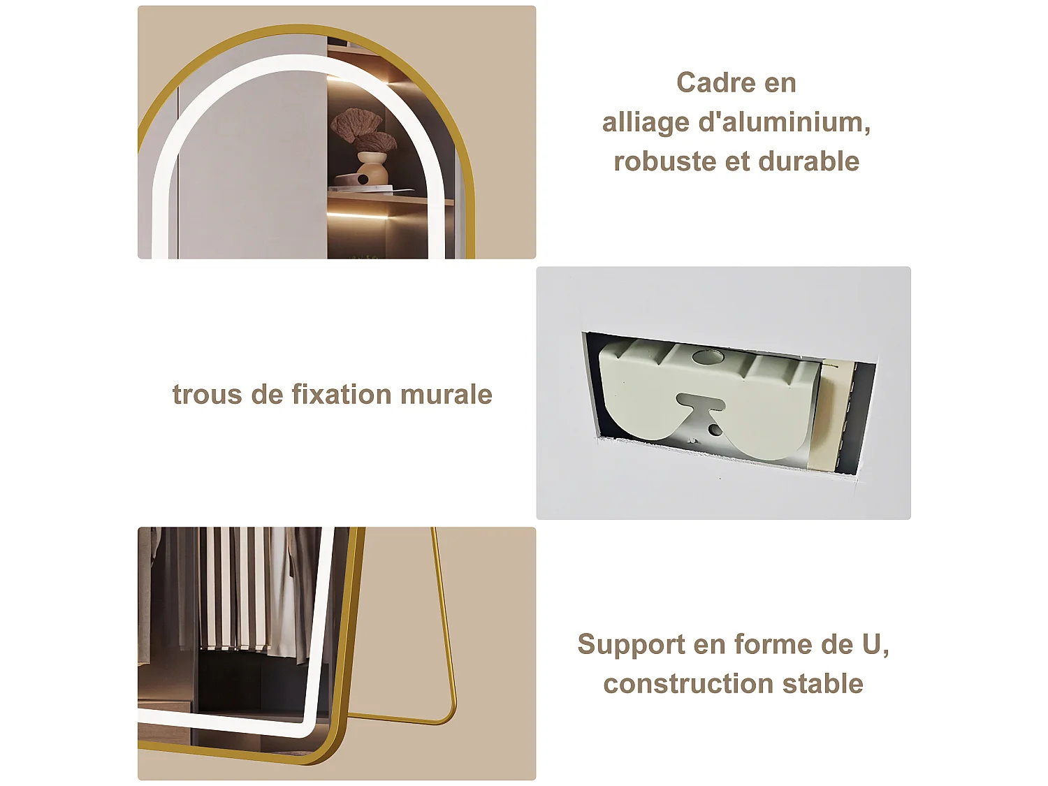 Miroir sur Pied Doré 150x40cm - Éclairage LED- Verre HD Incassable - Miroir Arqué sur Pied à Poser au Sol pour Chambre Salon
