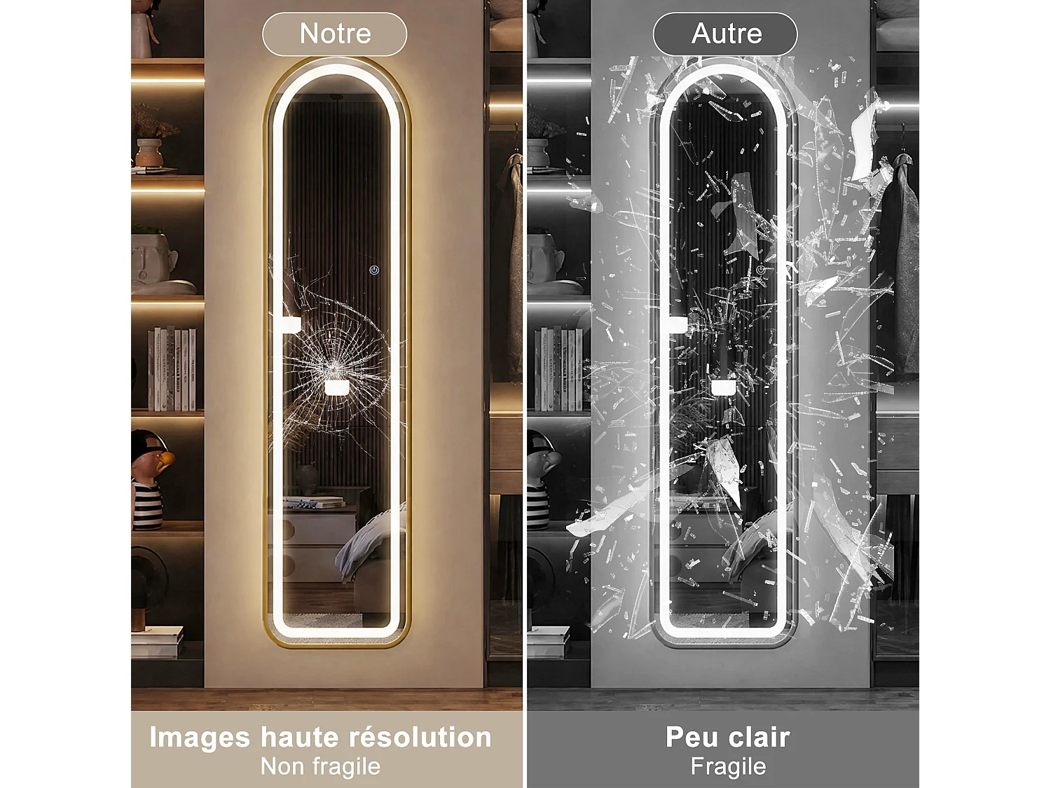 Miroir sur Pied Doré 150x40cm - Éclairage LED- Verre HD Incassable - Miroir Arqué sur Pied à Poser au Sol pour Chambre Salon