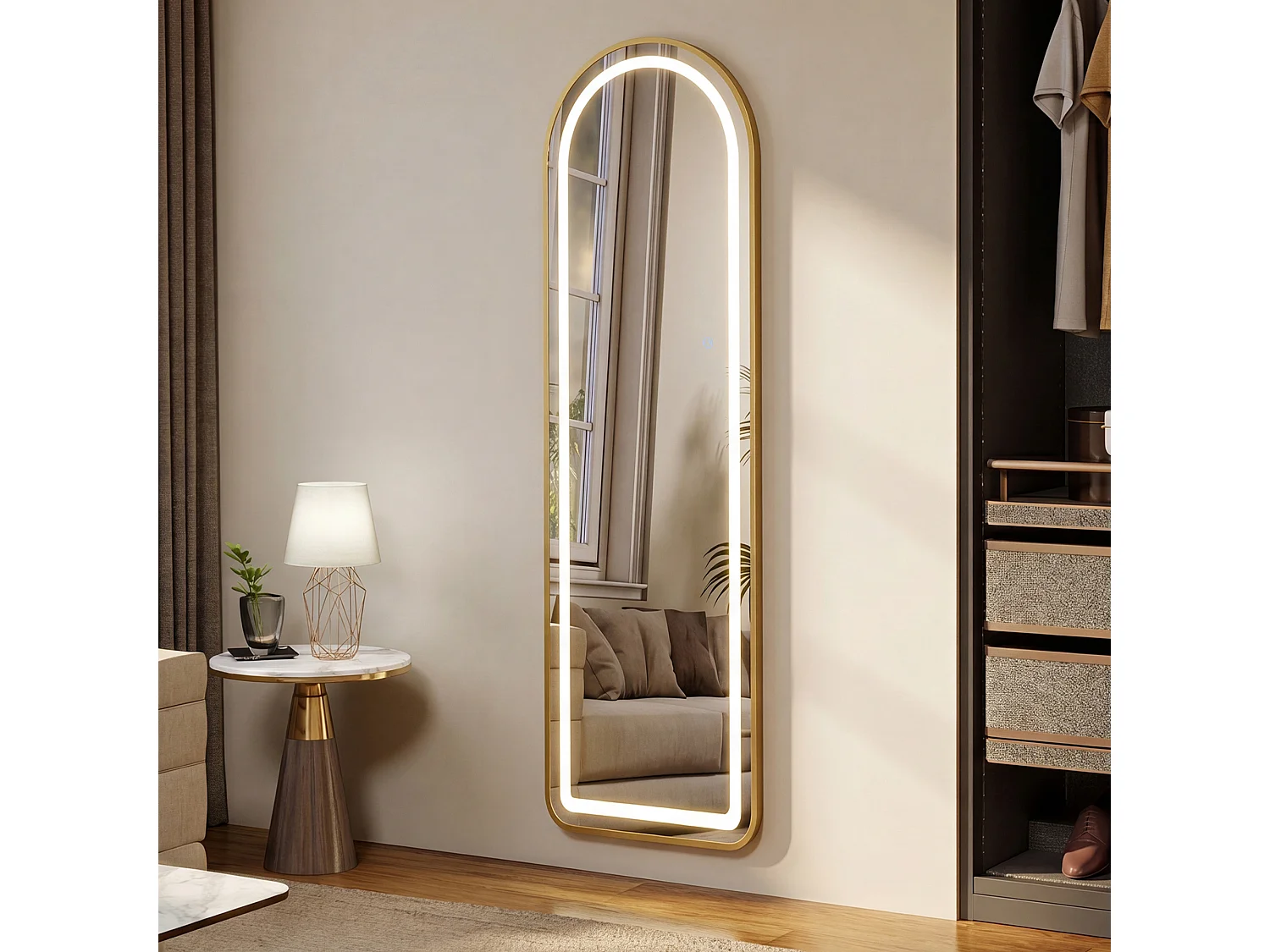 Miroir sur Pied Doré 150x40cm - Éclairage LED- Verre HD Incassable - Miroir Arqué sur Pied à Poser au Sol pour Chambre Salon