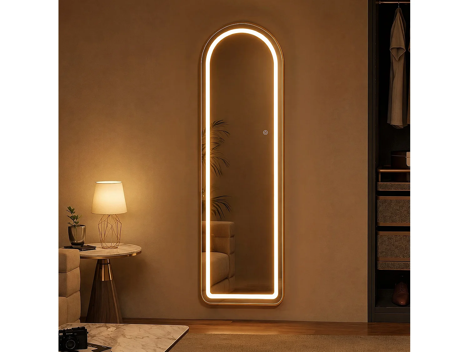 Miroir sur Pied Doré 150x40cm - Éclairage LED- Verre HD Incassable - Miroir Arqué sur Pied à Poser au Sol pour Chambre Salon