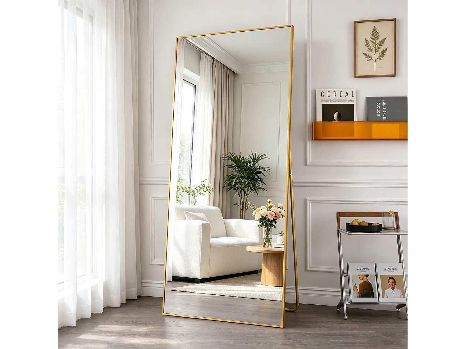 Miroir sur pied 180x80cm- Cadre en Aluminium - Corps Entier - Miroir Verre trempé - Pour chambre, salon, salle de bain - Doré