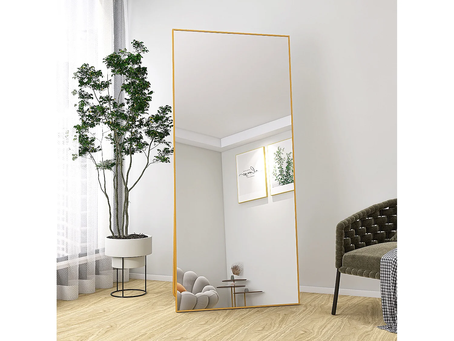 Miroir sur pied 180x80cm- Cadre en Aluminium - Corps Entier - Miroir Verre trempé - Pour chambre, salon, salle de bain - Doré