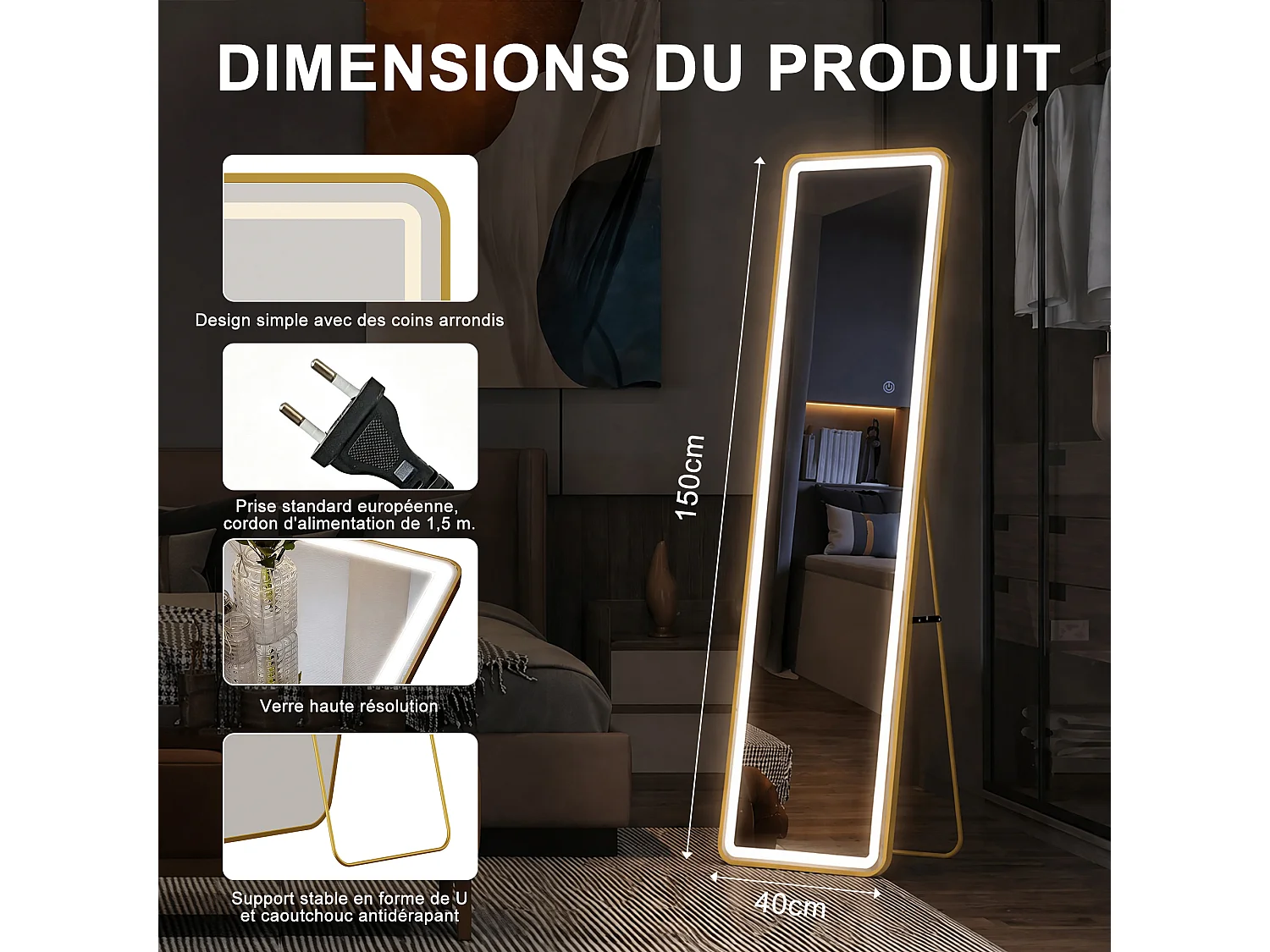 Miroir sur Pied LED 150x40cm - Luminosité Réglable - Verre HD Incassable - Miroirs Pleine Longueur pour Chambre Salon - Doré