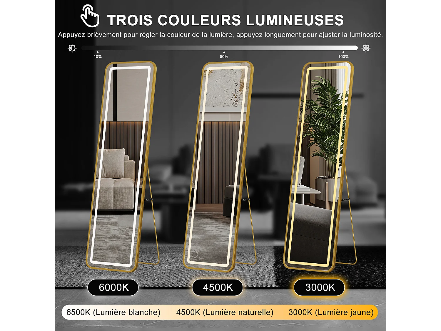 Miroir sur Pied LED 150x40cm - Luminosité Réglable - Verre HD Incassable - Miroirs Pleine Longueur pour Chambre Salon - Doré