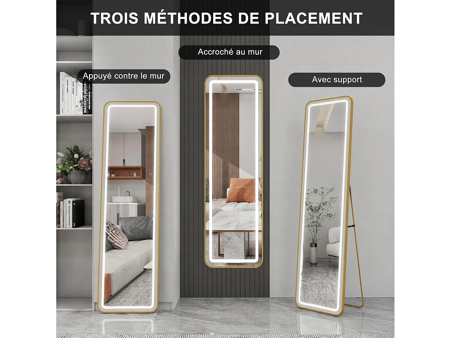 Miroir sur Pied LED 150x40cm - Luminosité Réglable - Verre HD Incassable - Miroirs Pleine Longueur pour Chambre Salon - Doré