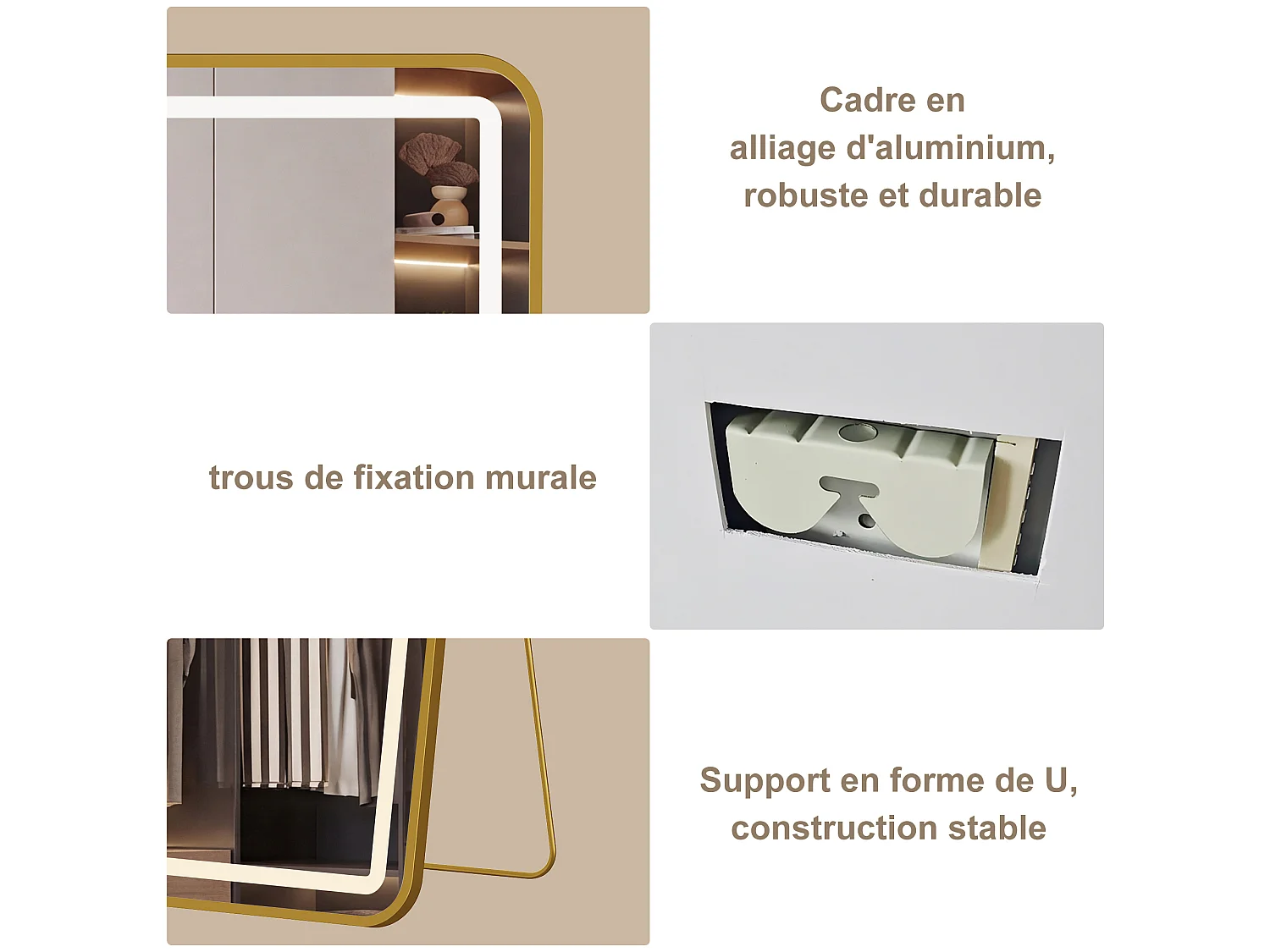 Miroir sur Pied LED 150x40cm - Luminosité Réglable - Verre HD Incassable - Miroirs Pleine Longueur pour Chambre Salon - Doré