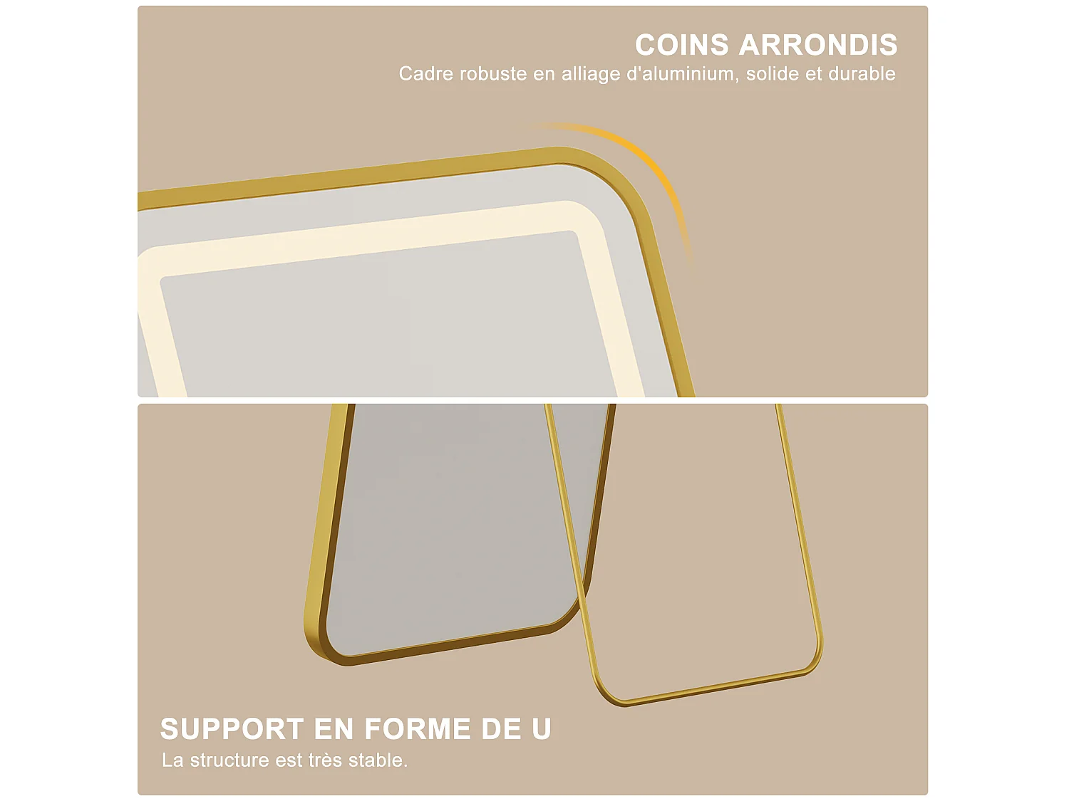 Miroir sur Pied LED 150x40cm - Luminosité Réglable - Verre HD Incassable - Miroirs Pleine Longueur pour Chambre Salon - Doré