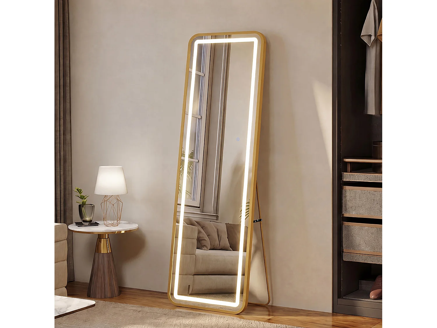 Miroir sur Pied LED 150x40cm - Luminosité Réglable - Verre HD Incassable - Miroirs Pleine Longueur pour Chambre Salon - Doré