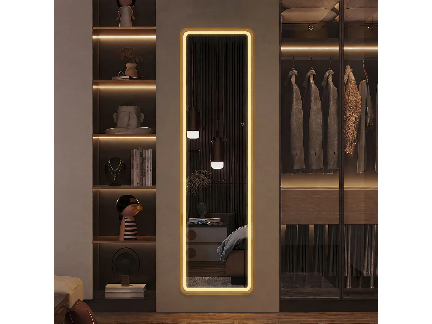 Miroir sur Pied LED 150x40cm - Luminosité Réglable - Verre HD Incassable - Miroirs Pleine Longueur pour Chambre Salon - Doré