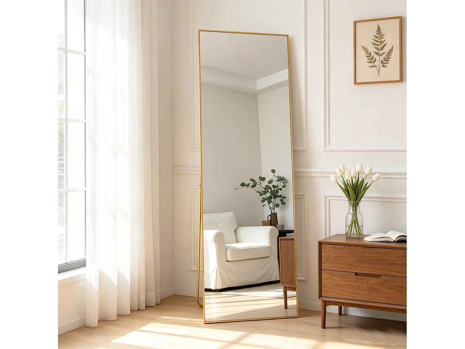 Miroir sur pied 150x40cm - Cadre en Aluminium - Corps Entier -Miroir Verre trempé - Pour chambre,salon, salle de bain - Doré